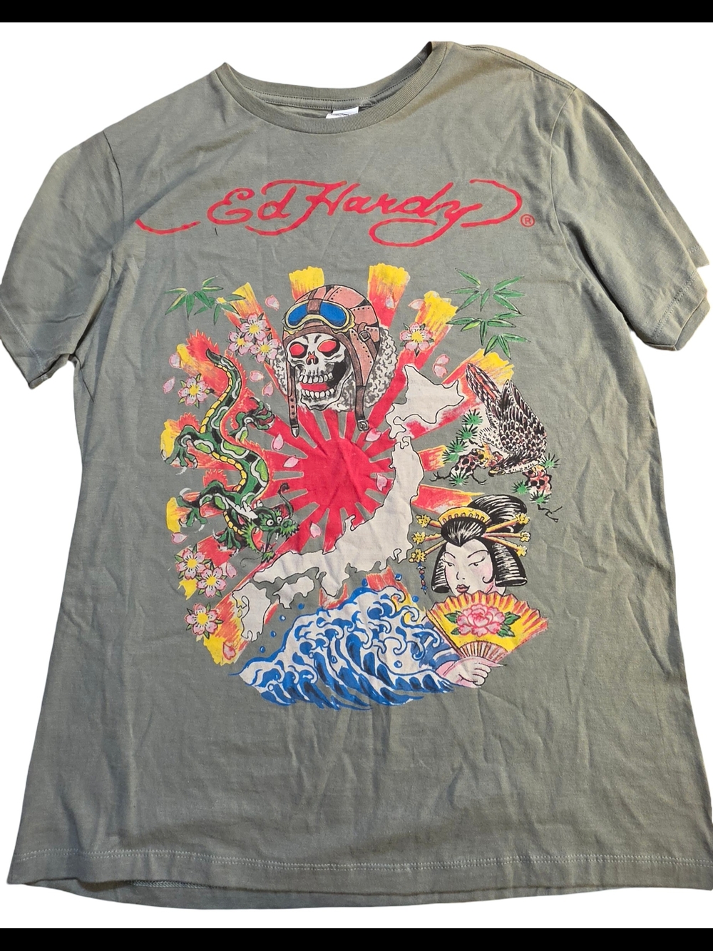 Rare Vintage Ed Hardy Olive Green Graphic Tee with Multicolor Japanese Motif